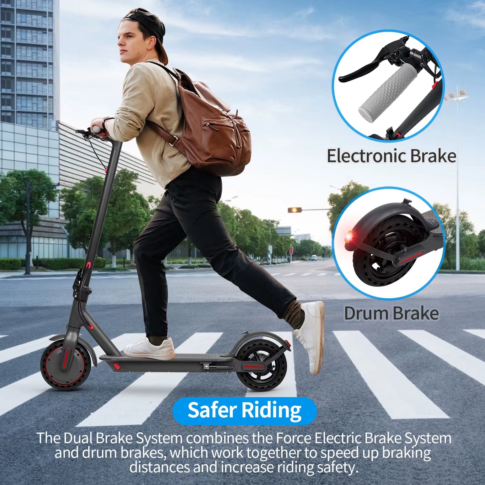 LP80 Electric Scooter 36V 10.4Ah Big Battery 350W 15Miles Long Range 19Mph Foldable 8.5Inch Smart City Commuter Escooter