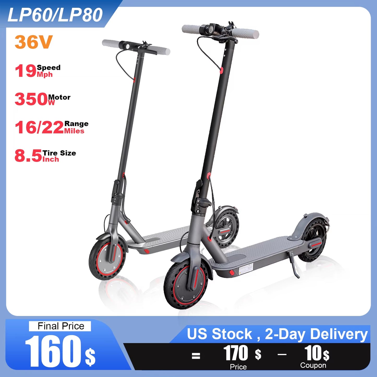 LP80 Electric Scooter 36V 10.4Ah Big Battery 350W 15Miles Long Range 19Mph Foldable 8.5Inch Smart City Commuter Escooter