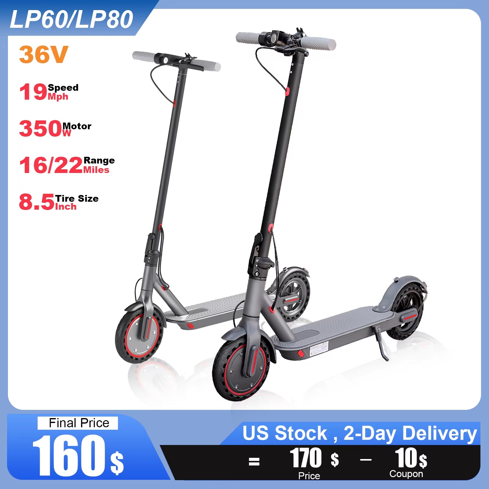 LP80 Electric Scooter 36V 10.4Ah Big Battery 350W 15Miles Long Range 19Mph Foldable 8.5Inch Smart City Commuter Escooter