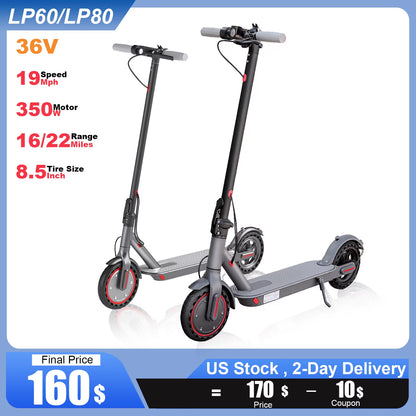 LP80 Electric Scooter 36V 10.4Ah Big Battery 350W 15Miles Long Range 19Mph Foldable 8.5Inch Smart City Commuter Escooter